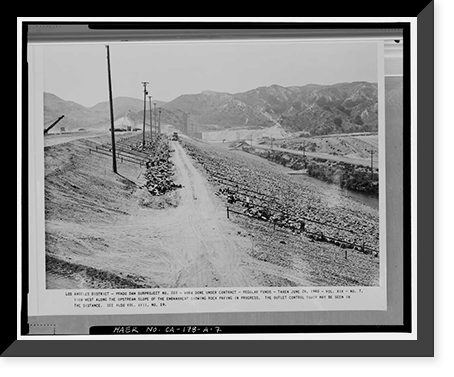 Historic Framed Print, Prado Dam, Embankment, Santa Ana River near junction of State Highways 71, Corona vicinity, Riverside County, CA - 6,  17-7/8" x 21-7/8"