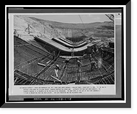 Historic Framed Print, Prado Dam, Spillway, Santa Ana River near junction of State Highways 71, Corona vicinity, Riverside County, CA - 16,  17-7/8" x 21-7/8"