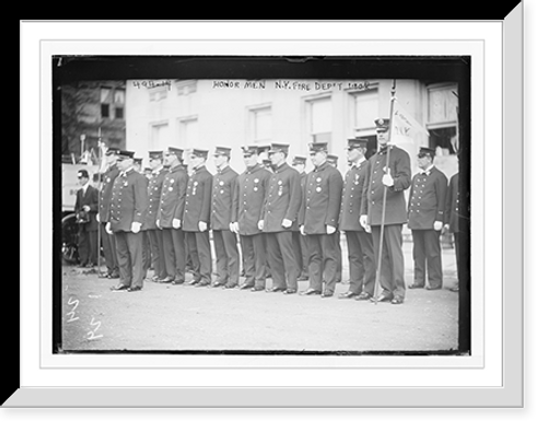 Historic Framed Print, Honor men of the N.Y. Fire Dept. lined up, New York,  17-7/8" x 21-7/8"