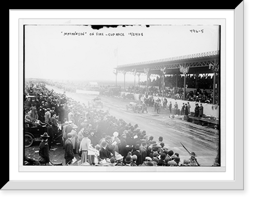 Historic Framed Print, Vanderbilt Cup Auto Race, "Mathewson", auto, on fire on track in front of stand,  17-7/8" x 21-7/8"