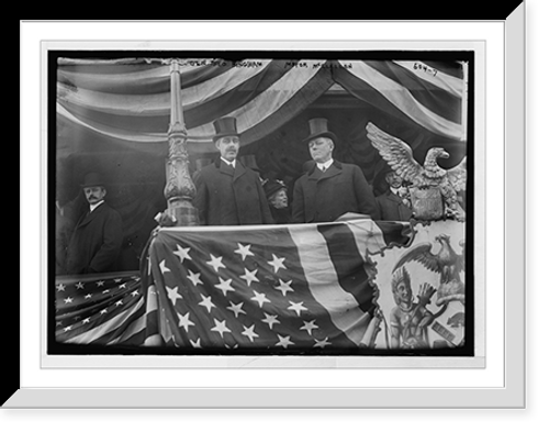 Historic Framed Print, Gen. Theo. Bingham and Mayor McClellan on flag bedecked podium, New York,  17-7/8" x 21-7/8"