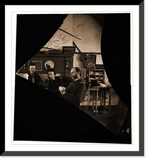 Historic Framed Print, Quarters of Dr. David McKay (Army of the James) interior view withi men playing car,  17-7/8" x 21-7/8"