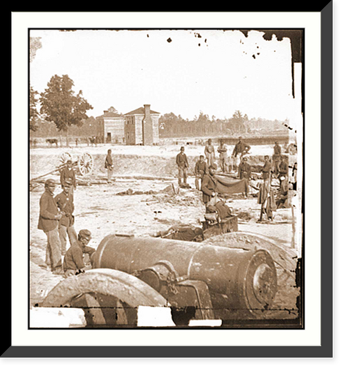 Historic Framed Print, Seven Pines Va. Twin houses on battlefield with 32-pdr. field howitzer in foregroun,  17-7/8" x 21-7/8"