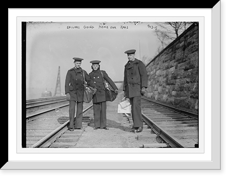 Historic Framed Print, Sailors at train tracks going home for Xmas,  17-7/8" x 21-7/8"