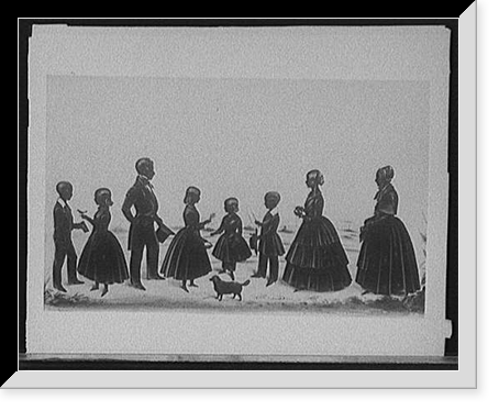 Silhouette portrait of man with hat, five children, pets, and two women, possibly a family, Antique Wall Art