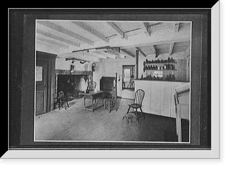 Historic Framed Print, [Interior, colonial-style kitchen with firearms],  17-7/8" x 21-7/8"