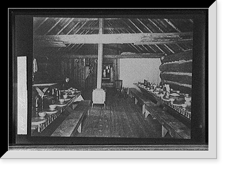 Interior of a log cabin with long dining tables, Vintage Wall Art