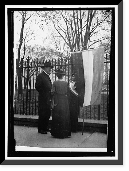 WOMAN SUFFRAGE. DAVID STARR JORDAN AND WIFE TALKING WITH WHITE HOUSE PICKET, Antique Poster