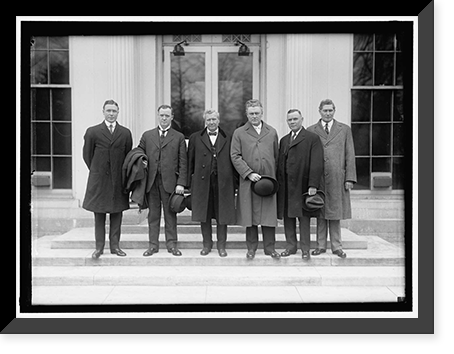MINE WORKERS OFFICIALS AT WHITE HOUSE WITH SECRETARY OF LABOR: F.J. HAYES; JAMES LORD; SECRETARY WILSON; J.P WHITE; WILLIAM GREENE; J.R. LAWSON, Vintage Print