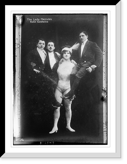 Historic Framed Print, Katie Sandwina, the Lady Hercules (holding up three men),  17-7/8" x 21-7/8"