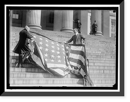 LIBERTY LOANS. CARTER GLASS AND F.R. WILSON WITH CAPITOL FLAG ON TREASURY STEPS, Vintage Wall Art