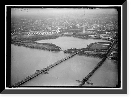 LONG BRIDGE. AIRPLANE VIEW OF, WITH TIDAL BASIN, MONUMENT, ETC, Antique Poster