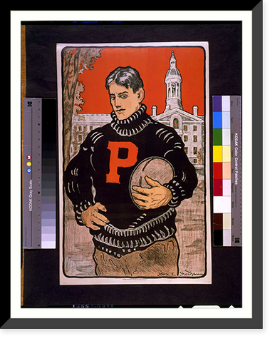 Princeton student with letter P on sweater half-length standing facing left holding football(?) with Princeton University behind him. John E. Sheridan, Vintage Print
