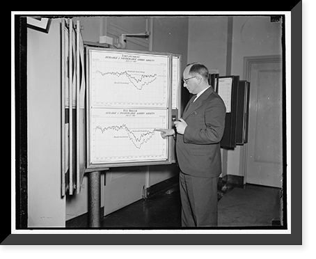 Map depicts significant story on pickup in American industry. Washington, D.C. March 30. Tow lines on this chart hanging in the office of Isador Lubin, Commissioner of Labor Statistics, U.S. Vintag