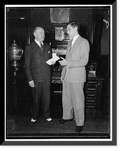 Historic Framed Print, Given scholarship. Washington, D.C., Sept. 13. Secretary of War, Harry H. Woodring presenting to Thomas C. Towler of Baltimore, MD., today a scholarship to the Western Military Academy at Alton, Illinois.,  17-7/8" x 21-7/8"