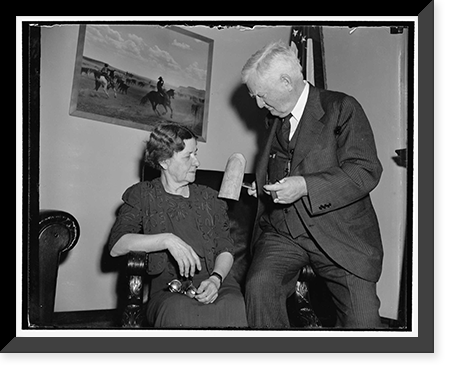 The Garners admire carving of Florida cedar gavel for his collection. Washington, D.C., Oct. 31. Vice President Garner, the nation's no, Antique Poster