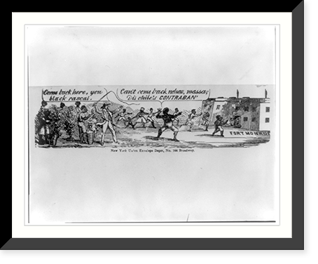 Anti-Confederacy cartoon showing slaves seeking refuge at Fort Monroe, Va., after the establishment of the Contraband of War Doctrine of July 30, 1861, Antique Poster