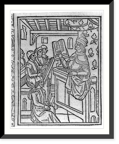Teacher reading from open book at lectern, Historic Print