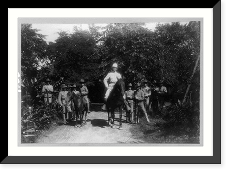 General Henry Lawton posed on horseback, facing front, and other soldiers, Philippines, Vintage Wall Art
