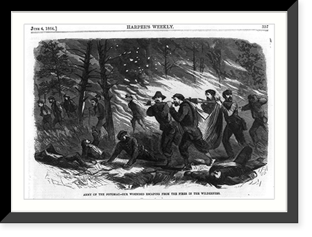 Historic Framed Print, Army of the Potomac - Our wounded escaping from the fires in the Wilderness,  17-7/8" x 21-7/8"
