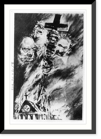 Cartoon of Churchill, F.D.R. & Stalin holding sword-crucifix above burning church, Historic Print