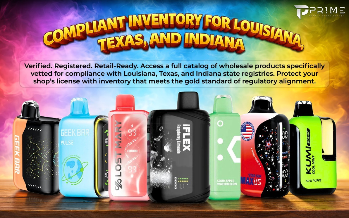 Compliant Vape Inventory for Louisiana, Texas, and Indiana: Wholesale State Compliant Vapes Built for Regulated Markets