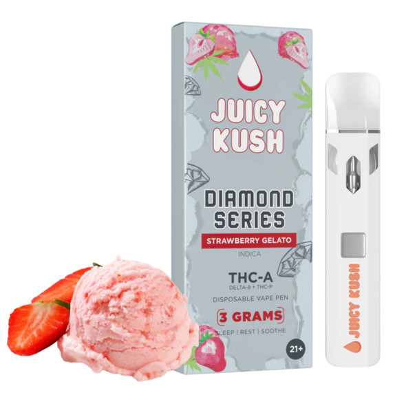 JUICY KUSH Strawberry Gelato: The Strawberry Gelato vape pen offers a creamy and sweet berry experience, with a visually appealing design that mirrors the indulgence of the flavor.