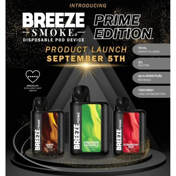 Sleek Breeze Smoke Prime Edition 5% Disposable Vape, showcasing its elegant, streamlined design with a vibrant gradient color. The 10ML, 6000 puff vape stands out with its prominent branding and clear indication of its large e-liquid capacity, set against a minimalist background for maximum product focus.