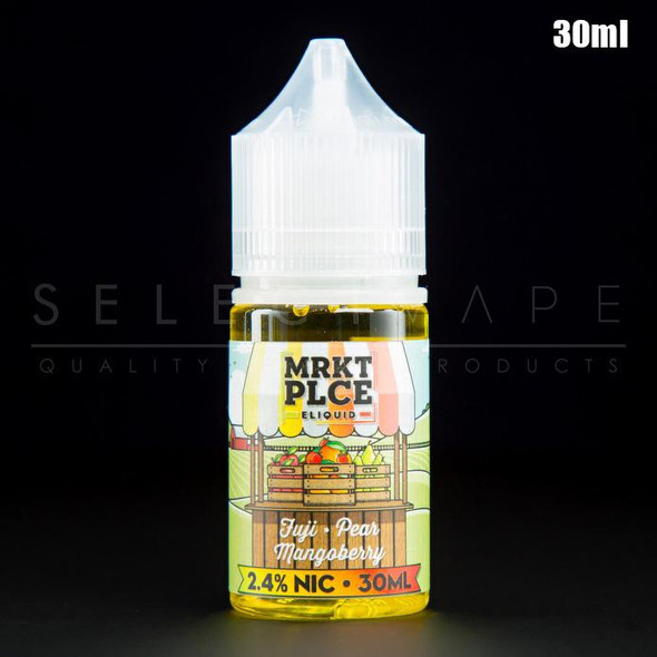 "An enticing 30ml MRKT PLCE Salt E-Liquid bottle highlighting the Fuji Pear Mangoberry blend.