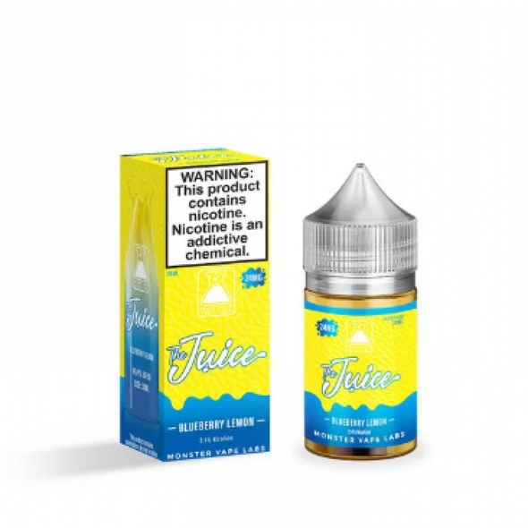 Striking visual featuring the Blueberry Lemon variant of The Juice by Monster TFN/NTD Salt E-Liquid.