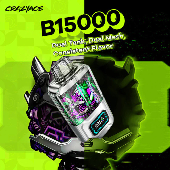 This image captures the sleek design of the CRAZYACE B15000 vape in a vibrant, dynamic setting. The vape is shown emitting a rich, thick cloud of vapor, highlighting its powerful performance. The dual tank system is subtly emphasized, and the smart display screen is illuminated, showing the battery life and e-liquid level. The vape's stylish exterior is accentuated by a modern, minimalist background, focusing the viewer's attention on the device's elegant form factor.