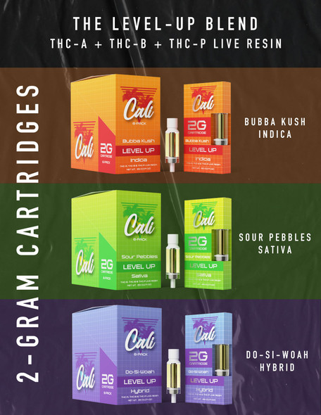 Elevate your vaping experience to new heights with the Cali Extrax Level Up Cartridge – a 2-gram powerhouse of pure delight. Perfect for both seasoned connoisseurs and beginners alike, these cartridges are crafted to deliver an unparalleled journey into the world of premium cannabis extracts.

What sets Cali Level Up Cartridges apart? Let's dive in. First, the size – you're getting a generous 2 grams of premium concentrate in every cartridge, offering twice the enjoyment and exceptional value. With this larger capacity, you can share the experience with friends or indulge in a long-lasting session at your leisure.

Compatibility is key, and these cartridges are designed to seamlessly connect to your favorite 510 battery thread. Just ensure your battery is compatible with 2-gram cartridges for a smooth and effortless connection.

But what truly makes Cali Level Up Cartridges exceptional is the extraordinary blend of THC-A, THC-B, and THC-P Live Resin. This unique blend preserves the essence of the plant, providing a full-spectrum experience that captures the true essence of the strains.

Choose from a variety of fantastic strains, including Bubba Kush, Do-Si-Woah, and Sour Pebbles, each offering its own distinct effects and flavors. Whether you prefer the deep relaxation of an indica, the balanced effects of a hybrid, or the energizing boost of a sativa, there's a strain to suit every preference.

With Cali Extrax Level Up Cartridges, you're not settling for the ordinary – you're leveling up your vaping experience in a whole new way. Indulge in the ultimate THC experience with Cali Extrax and embark on a journey to elevated bliss. Your adventure starts here.

Experience the ultimate in high-quality THC with Cali Extrax Level Up Blend Carts. Enjoy an explosion of flavors from THC-A, THC-B, THC-P, and Live Resin cartridges for a super-potent cannabis experience you won't soon forget. Tested for maximum purity and safety, so you can indulge in peace of mind. Get ready to level up! Available at primesupplydistro.com.