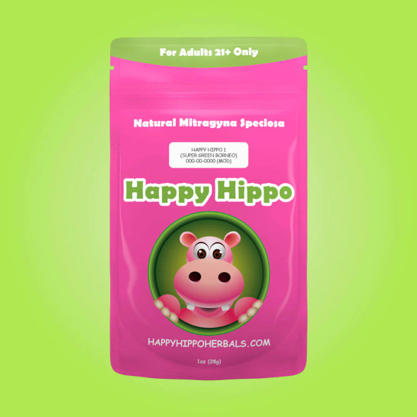 An image showcasing the sleek, resealable food-grade pouch of Happy Hippo Kratom Powder. The pouch is designed with vibrant green hues, reflecting the natural, potent essence of the Borneo-grown Kratom. Visible on the front is the Happy Hippo logo, alongside clear labeling of the product as 'Balanced Energy & Relaxation Kratom Powder,' emphasizing its premium quality and eco-friendly packaging.