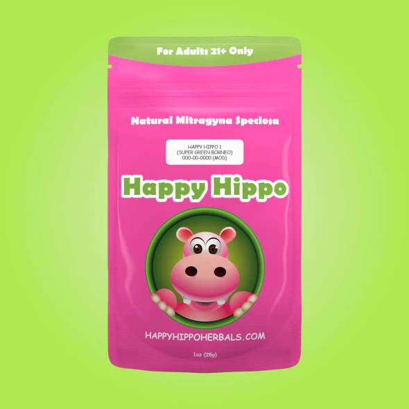 An image showcasing the sleek, resealable food-grade pouch of Happy Hippo Kratom Powder. The pouch is designed with vibrant green hues, reflecting the natural, potent essence of the Borneo-grown Kratom. Visible on the front is the Happy Hippo logo,