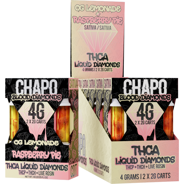 Featured here is the Chapo Extrax Live Rosin Blood Diamonds Duo Cartridge in the OG Lemonade X Raspberry Pie flavor. The bright and inviting packaging reflects the sativa strain's energetic and uplifting effects, with design elements that evoke a fresh, citrusy burst and sweet berry undertones.