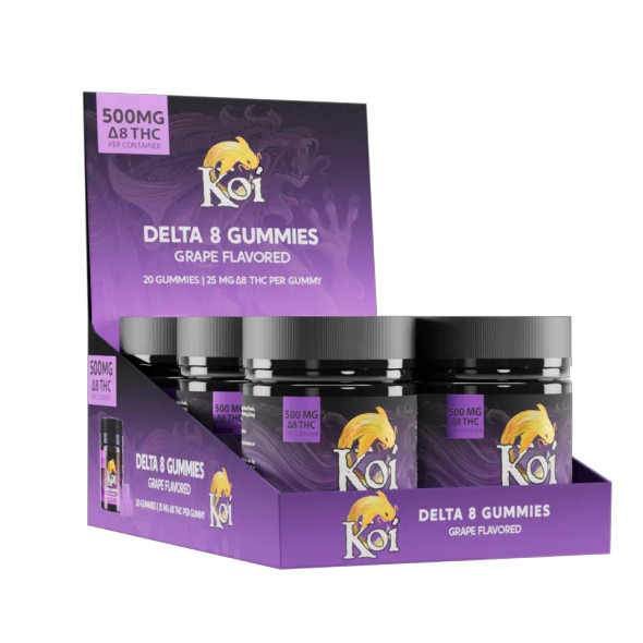 Delight in the world of Delta-8 with our premium gummies, brought to you by Koi CBD. Choose from seven luscious flavors, each packed with 25mg of Delta-8 per gummy. With 20 gummies per jar, you'll enjoy a total of 500mg of Delta-8 in each carefully crafted package.

For those seeking convenience, our most beloved flavors are also available in a 6-piece resealable bag, perfect for your on-the-go lifestyle.

At Koi CBD, we meticulously blend our gummies to ensure consistency and quality. Plus, all our products undergo rigorous third-party testing to guarantee purity and compliance with industry standards.

Key Features:

Seven delicious flavors with 25mg of Delta-8 per gummy
Jars contain 20 gummies for a total of 500mg of Delta-8
Most popular flavors available in a 6-piece resealable bag
Meticulously blended for consistency and quality
Third-party tested for purity and compliance

Experience the ultimate in Delta-8 enjoyment with our gummies, manufactured by Koi CBD. Trust in Koi for premium quality and an unmatched Delta-8 experience