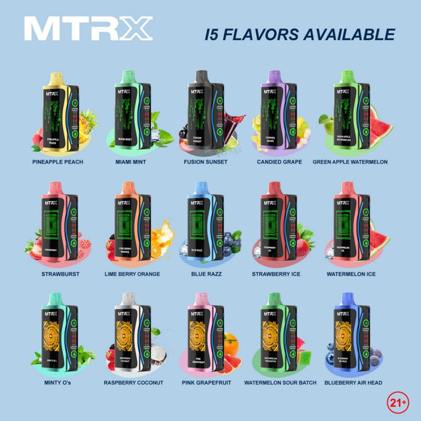 Flavor Selection of MTRX MX25000 Disposable Vapes
This image presents a colorful array of MTRX MX25000 Disposable Vapes, each representing a different flavor option available. The devices are arranged in a semi-circle or fan shape, with the flavor names clearly visible on the body of each vape. The focus is on the diverse selection, from Blue Razz to Watermelon Ice, indicating the wide range of tastes catered to by the product. The background is neutral to make the colors of each device pop, emphasizing the variety and inviting viewers to imagine the flavor experience