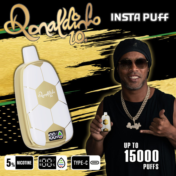 This image captures the sleek and modern design of the Ronaldinho 10 15K Disposable Vape, The vape itself is elegant, with a smooth, matte finish and a silhouette that suggests ease of handling. Visible on its body is the iconic number 10, reminiscent of Ronaldinho's football jersey, alongside the product's name in a stylish font. The LED screen, subtly integrated into the design, glows softly, showcasing vaping stats. The overall presentation emphasizes the vapes high-tech features and connection to the legendary footballer.