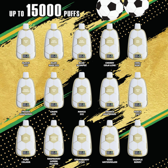 The second image offers a vibrant display of the Ronaldinho 10 15K Disposable Vape's flavor range. It's a colorful, dynamic arrangement of the device in various shades, each representing one of the 18 available flavors. From the refreshing green of Acai Mint to the deep purple of Black Ice, each vape is positioned to showcase its unique color and corresponding flavor label. The background is a blurred explosion of fruits and ice, hinting at the exotic and icy flavor profiles. This image is designed to entice the viewer with the variety and richness of the vaping experience offered by the product.