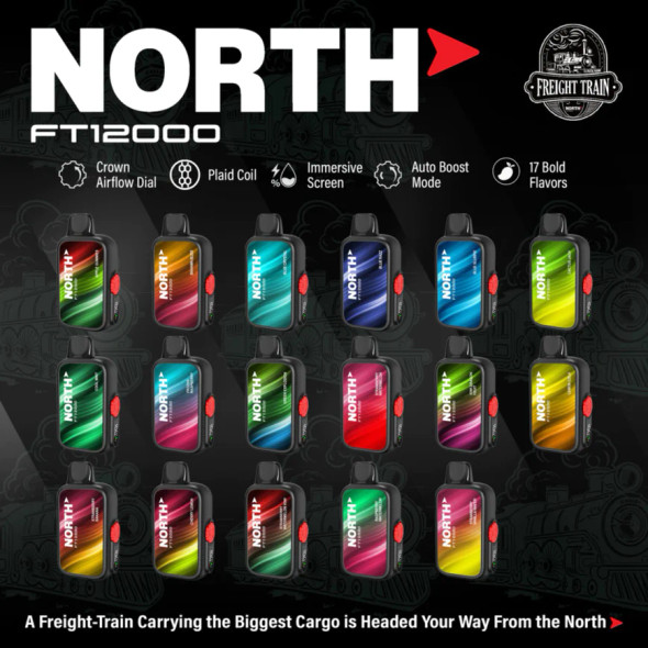 An array of North FT12000 disposable vapes, each in a different vibrant color representing one of the 17 bold flavors available, is neatly arranged in a fan shape on a dark, contrasting surface. From Bahama Bliss to Strawberry Watermelon Kiwi, each
