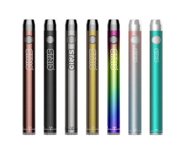 Vibrant and colorful product image of the STRIO Bottom Twist 1100 mAh in rainbow finish. This image captures the unique and eye-catching multi-colored exterior, ideal for vapers who want to express their personality through their vaping device. The preheat function button and 510 thread connector are also featured, demonstrating compatibility and functionality.