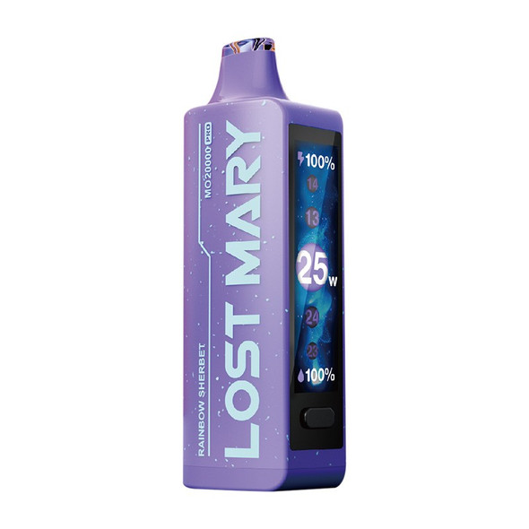 Close-up image displaying the advanced features of the Lost Mary MO20000 PRO disposable vape. This image focuses on the large HD animation screen, which offers users easy monitoring of settings like battery life and power adjustments. Also featured are the adjustable airflow control and the USB Type-C port for quick recharging, emphasizing the device’s cutting-edge technology and user-friendly interface.