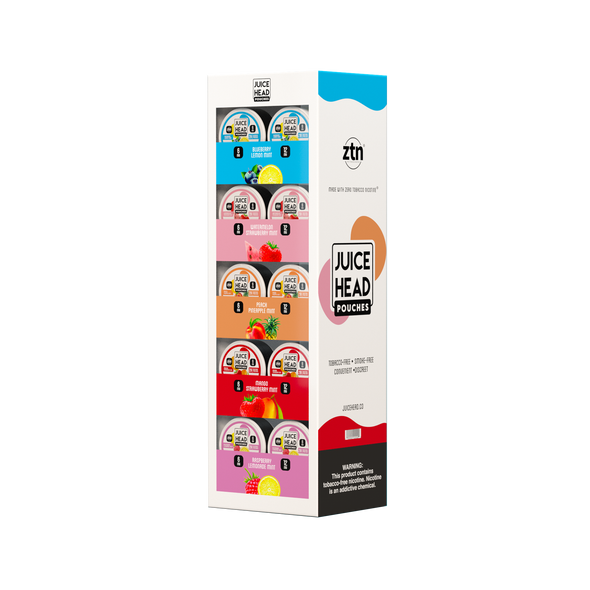 Full view image of the Juice Head Counter Top Nicotine Pouch Display, showcasing its sleek and compact design. The display is fully stocked with a variety of Juice Head Nicotine Pouch flavors, each organized neatly to highlight the colorful and attractive packaging. This image emphasizes the display's ability to fit seamlessly on any retail counter, enhancing product visibility and accessibility.