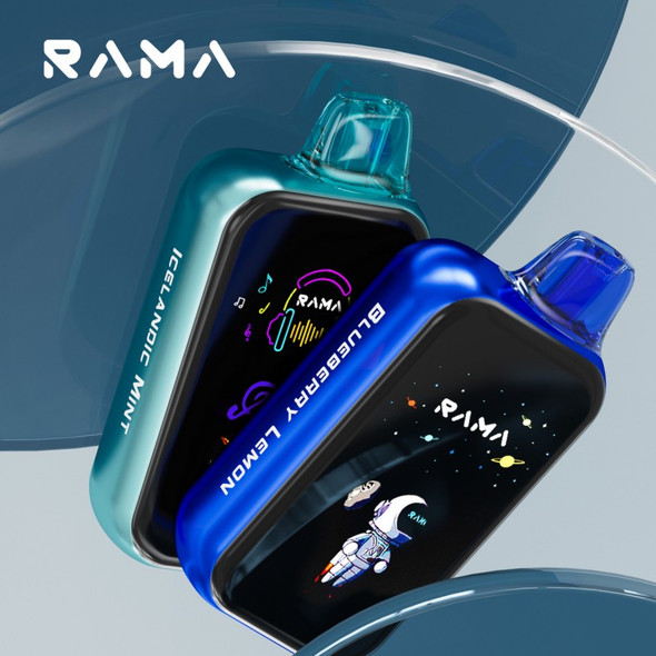 Photo of a sleek RAMA 16000 Puffs Disposable Vape, showcasing its modern design with a dynamic screen display and the visible USB Type-C port. The vape is positioned against a clean, white background, emphasizing its compact and portable design.