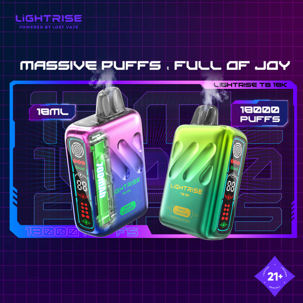 Image showing the complete set of the Lightrise TB 18K Disposable Vape 5-Pack, neatly arranged to display all 15 available flavors like Watermelon Kiwi Berries and Blue Cotton Candy. Each vape is featured with its vibrant color corresponding to the flavor, enhancing the visual appeal and indicating flavor variety.