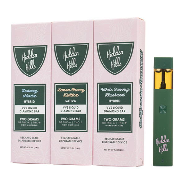 A close-up of the Hidden Hills Club VVS Liquid Diamond Bar 5-pack. Each disposable vape contains 2G of a potent blend of THC-A, Delta 9, and THC-P, ensuring a high-quality and satisfying vaping session.