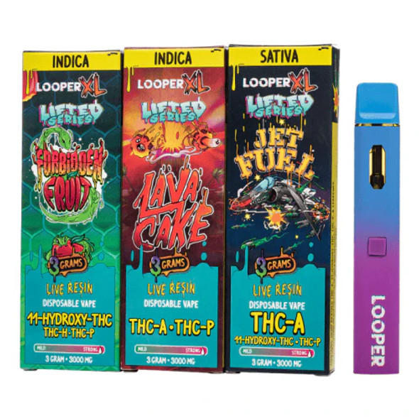 LOOPER XL Lifted Series Live Resin Disposable Vape Pen - Pack of 5. The image highlights the sleek and modern design of the vape pens, each containing 3 grams of premium live resin. The vibrant packaging reflects the high-quality blend and substantial capacity of each pen. The image emphasizes the product's premium quality and lab-tested purity, showcasing the pen’s juice viewing window and draw-activated firing mechanism.