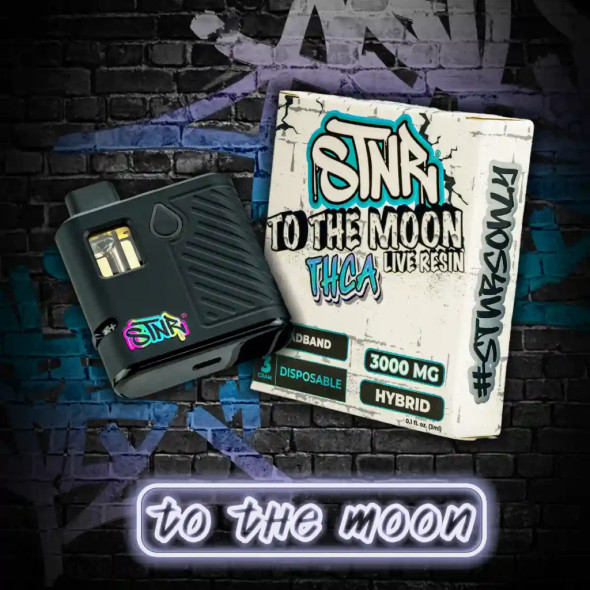 STNR Creations To The Moon THC-A Disposable Vape sealed in sleek, informative packaging highlighting its key features like the strain type, capacity, and battery life, set against a space-themed background that enhances the 'To The Moon' experience.