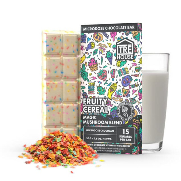 Feature a vibrant and colorful image of a Fruity Cereal chocolate bar, with chunks of multicolored cereal visible within the chocolate. The background could include a playful arrangement of cereal pieces scattered around, suggesting a fun and whimsical eating experience. Bright, vivid colors should be used to highlight the fruity and lively flavors, appealing to a sense of nostalgia and joy.