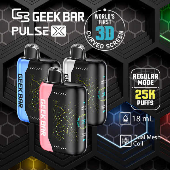 An array of Geek Bar Pulse X 25K disposable vapes in various flavors